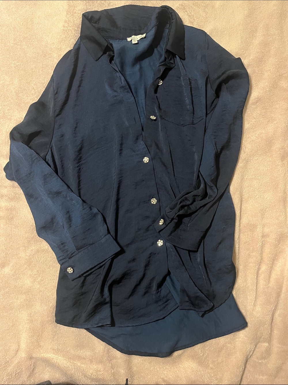 Women's Navy Button-Down Silk-Like Blouse with Decorative Buttons
